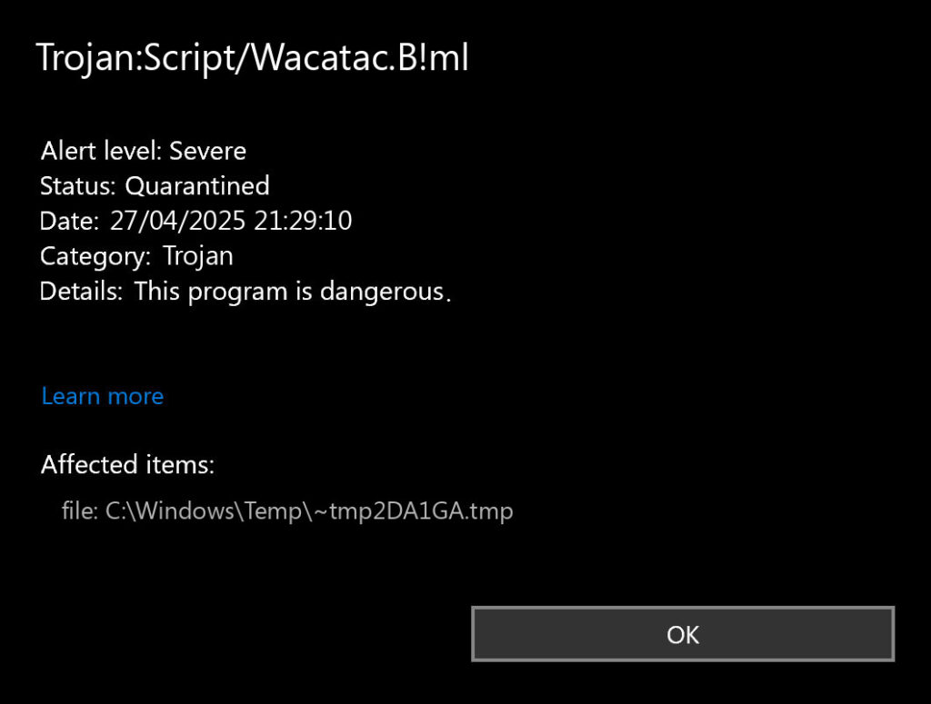 Trojan:Script/Wacatac.B!ml detection notification screenshot
