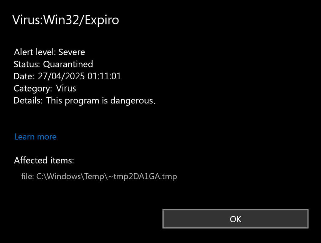 Virus:Win32/Expiro detection screenshot