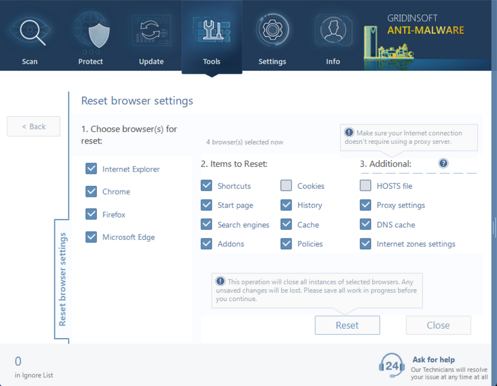 GridinSoft Anti-Malware browser reset tool interface showing multiple browser options