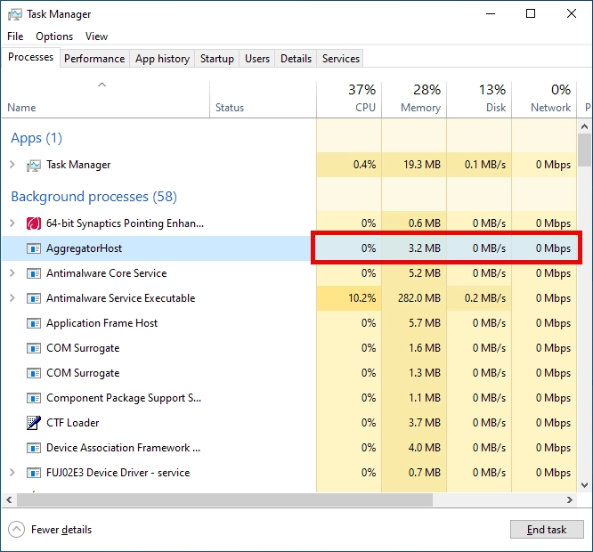 Aggregatorhost's behavior screenshot