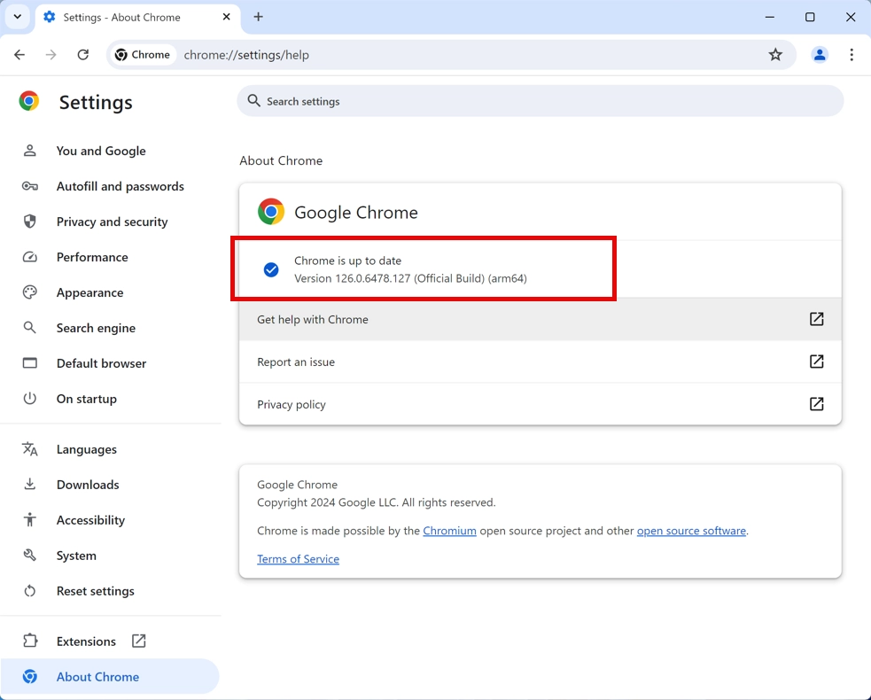 Google Chrome About page showing browser is up to date with green checkmark