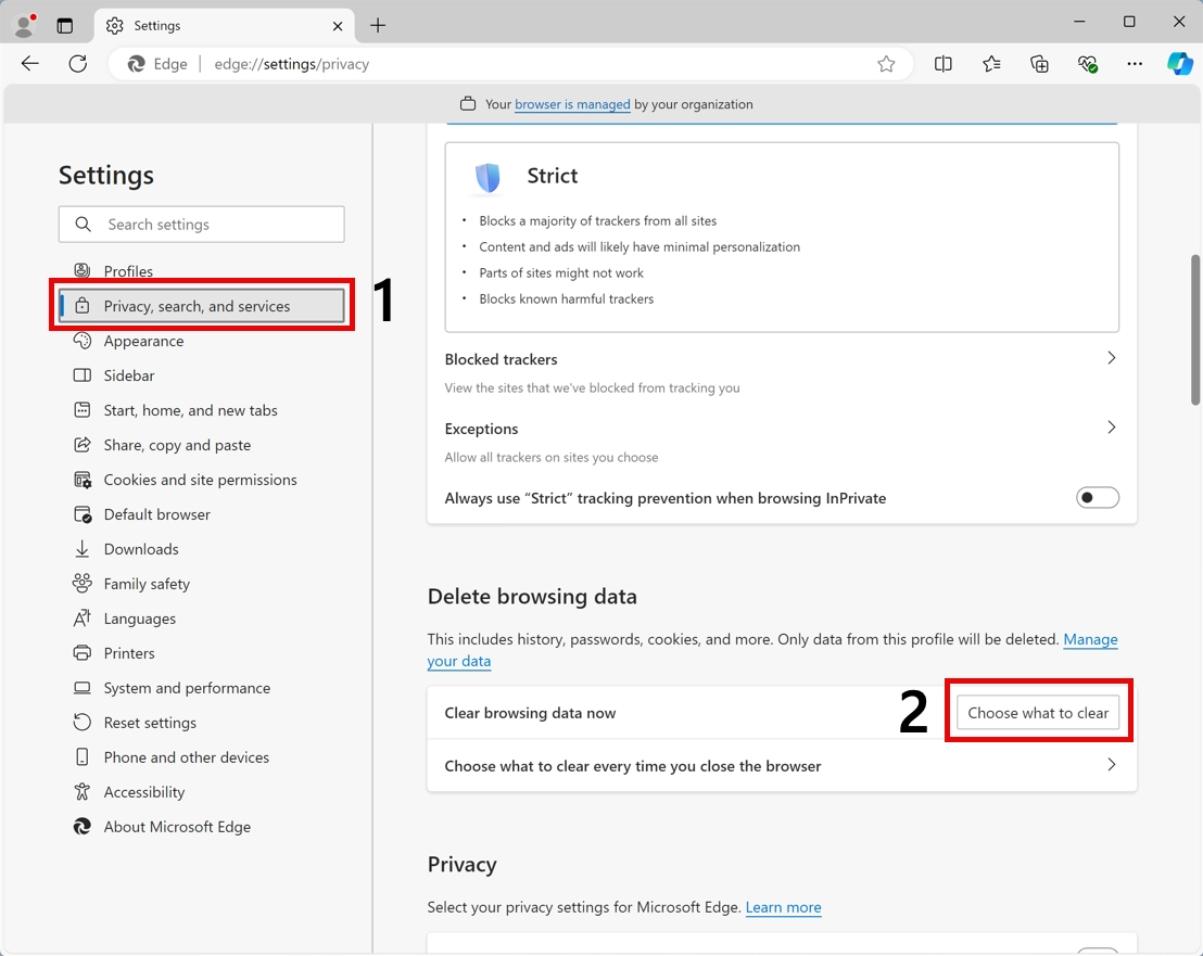 Microsoft Edge settings page showing privacy options and clear browsing data controls