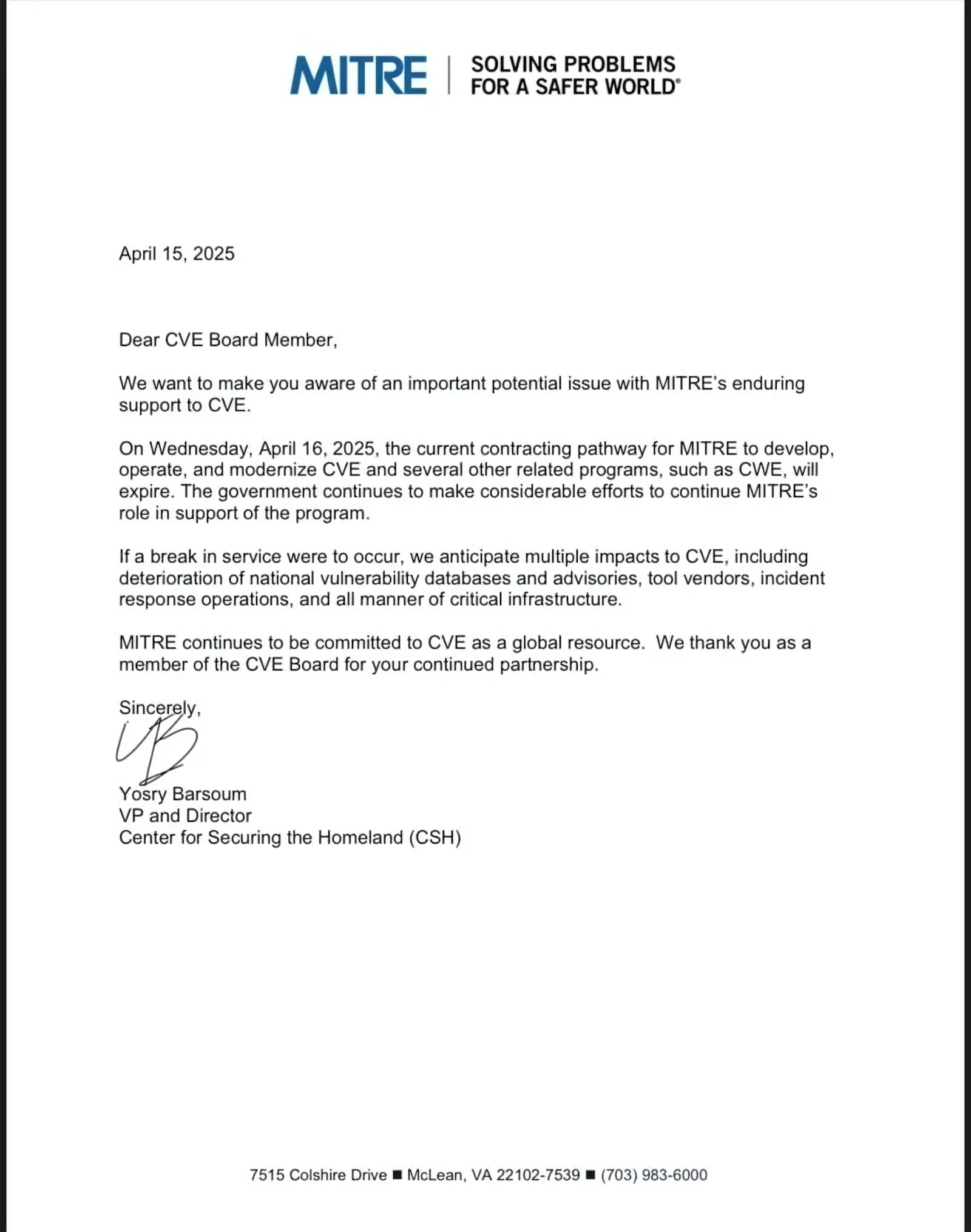 Letter to MITRE CVE Board screenshot