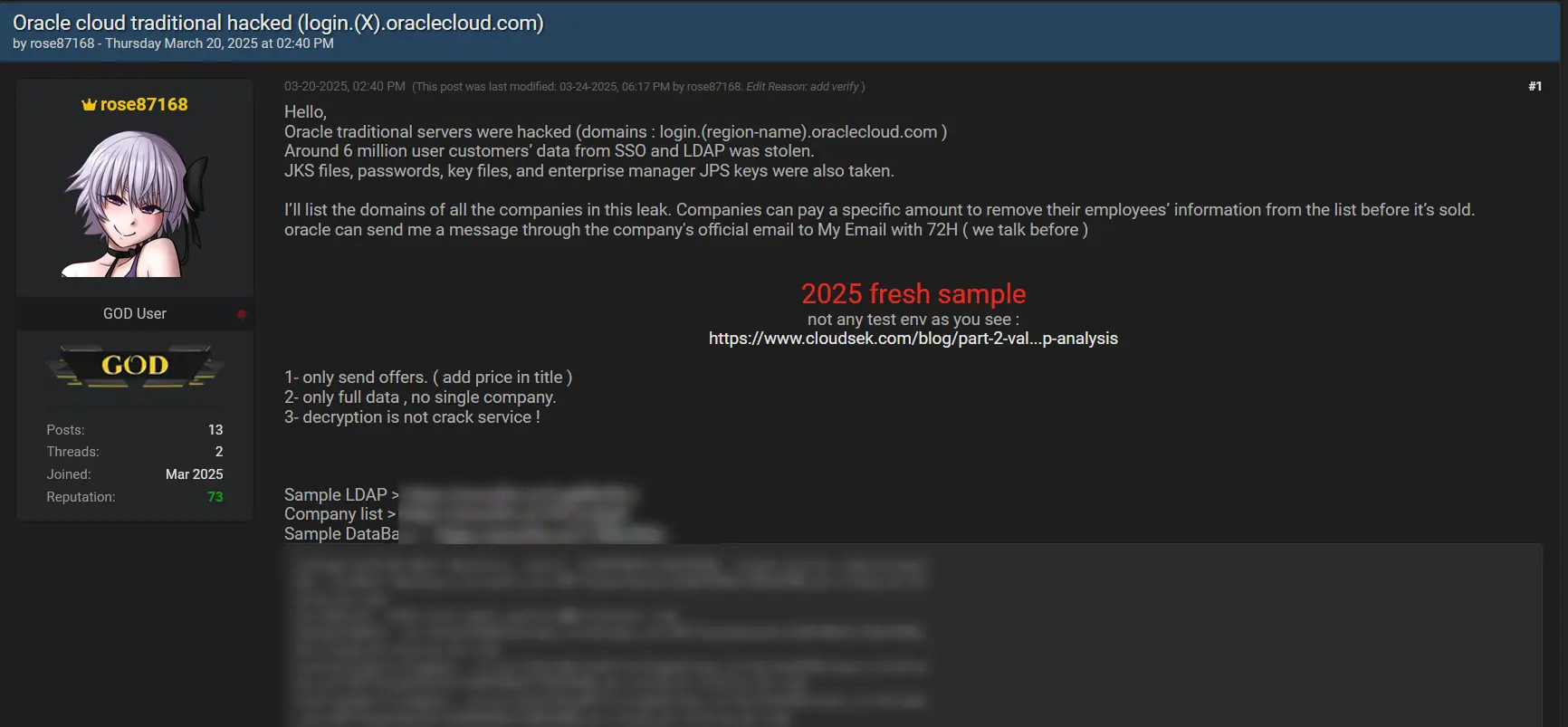 Oracle Cloud breach post screenshot