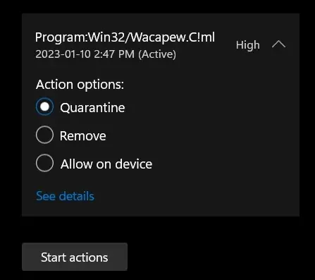 Program:Win32/Wacapew.C!ml detection screenshot