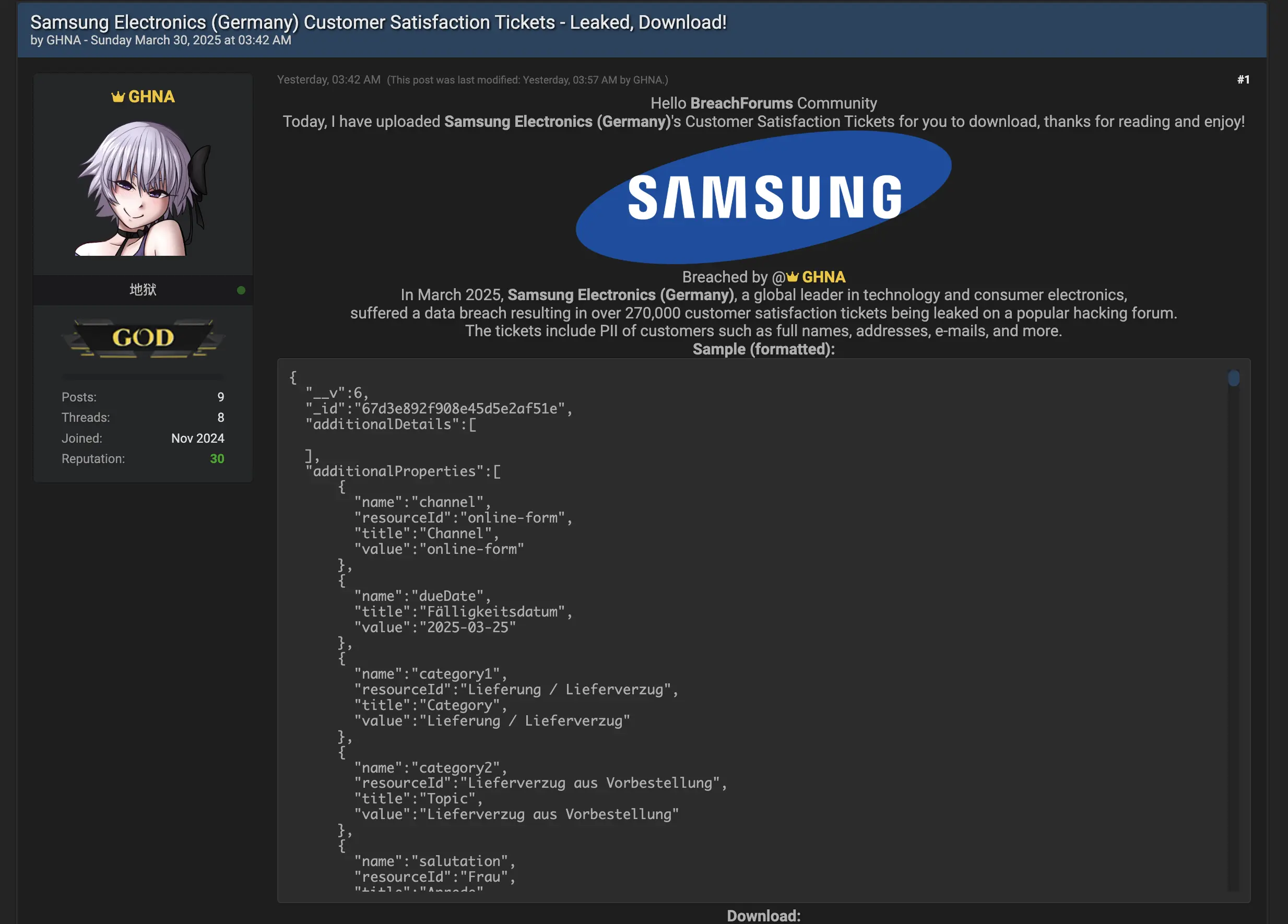 Samsung Tickets Data Leak post 