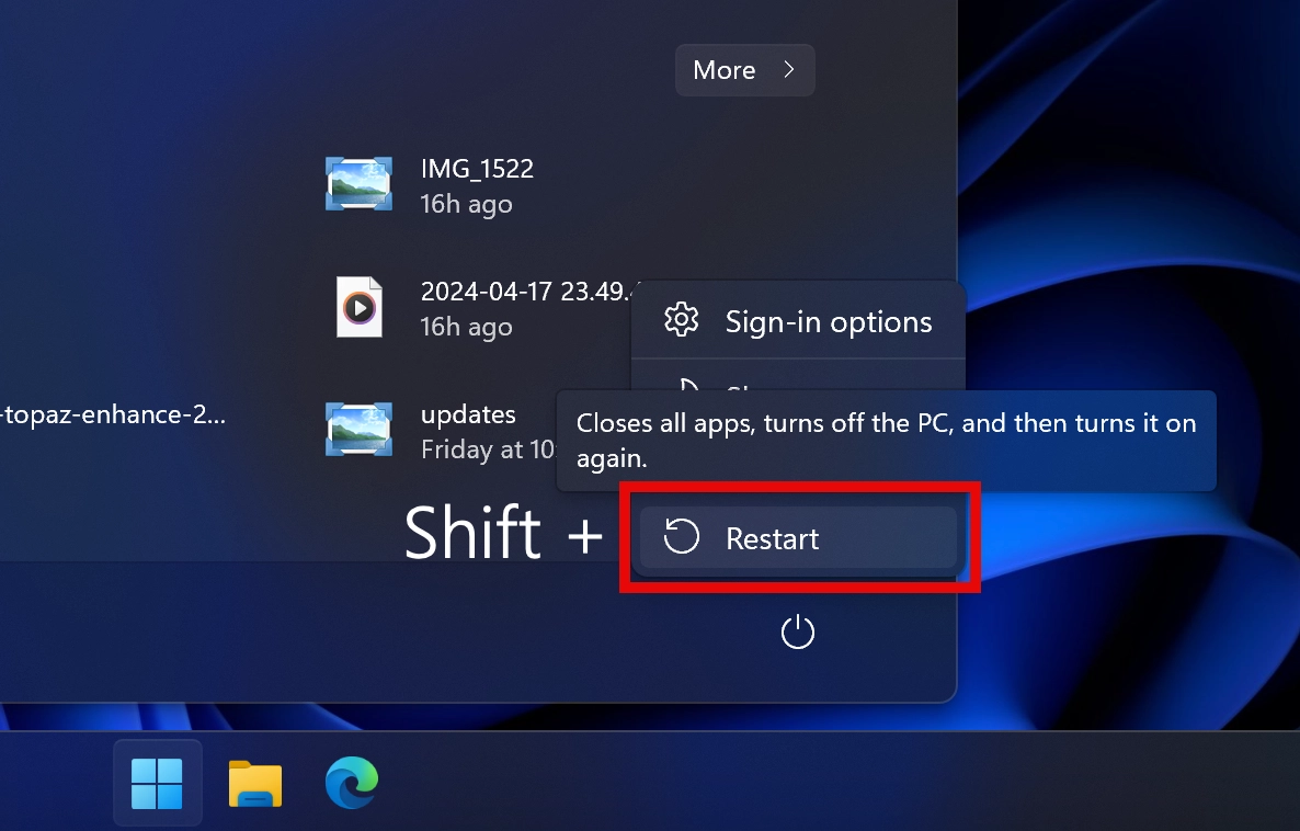 Shift + restart Windows Recovery menu