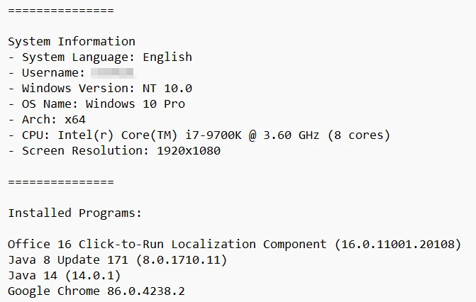 Text log showing system information collected by Phonzy malware including OS version, hardware details, and installed software