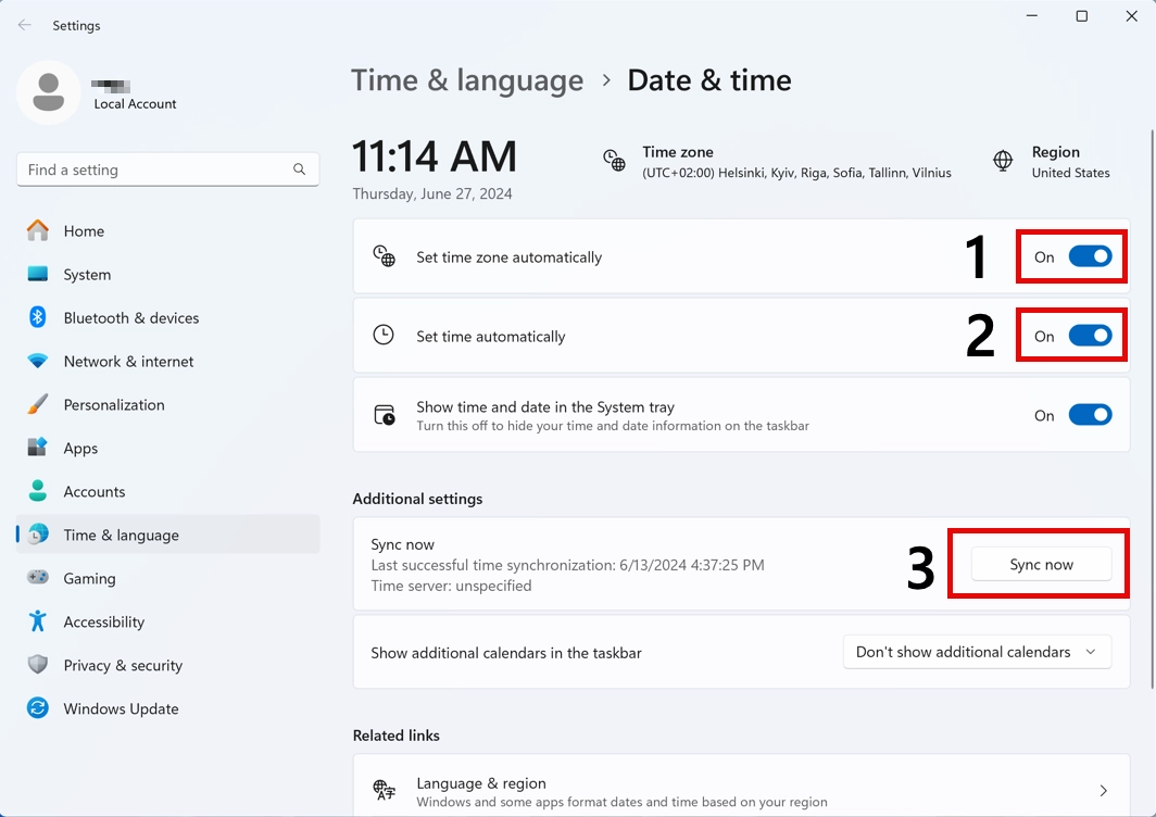 Windows 10 date and time settings screen showing Set time automatically option enabled