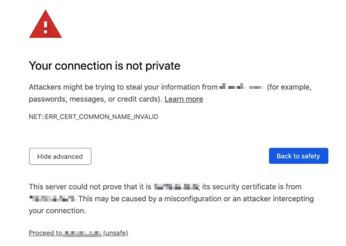 Chrome browser showing Your Connection is Not Private error screen with red warning icon